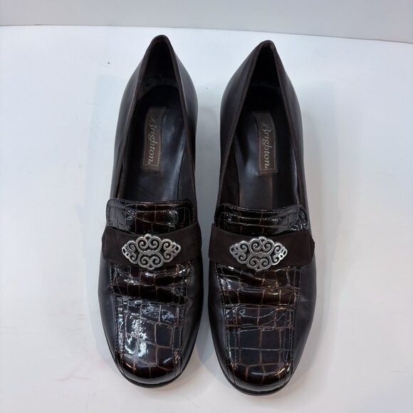 Brighton Shoes - Brighton Artist Brown & Croc Laofers w/Silver Design and Low Heel 9N Retro, 90’s